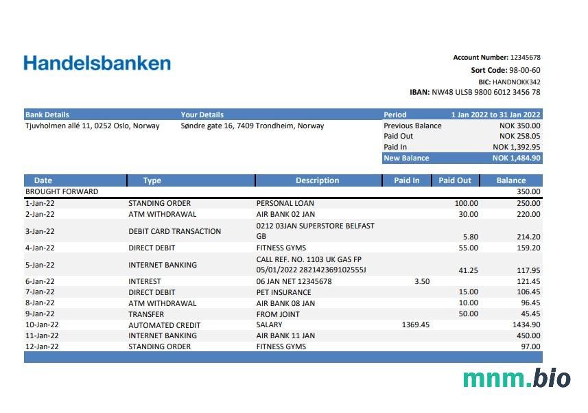 Norwegia Handelsbank oświadczenie Excel i PDF szablon